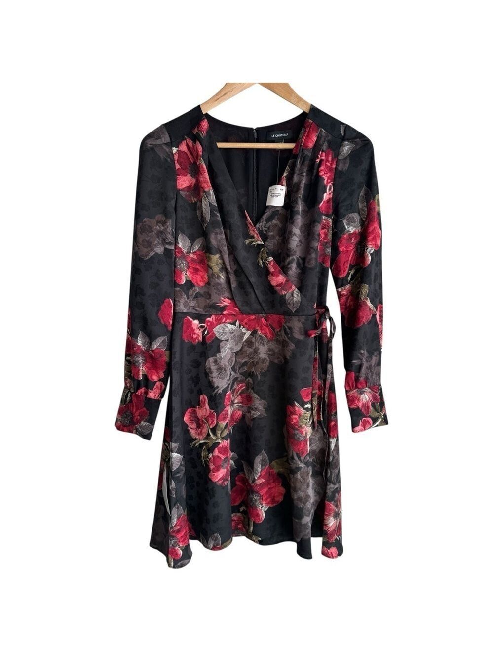 Le Chateau Floral Mini Wrap Dress Sz XXS Black Red Long Sleeve Roses Cocktail